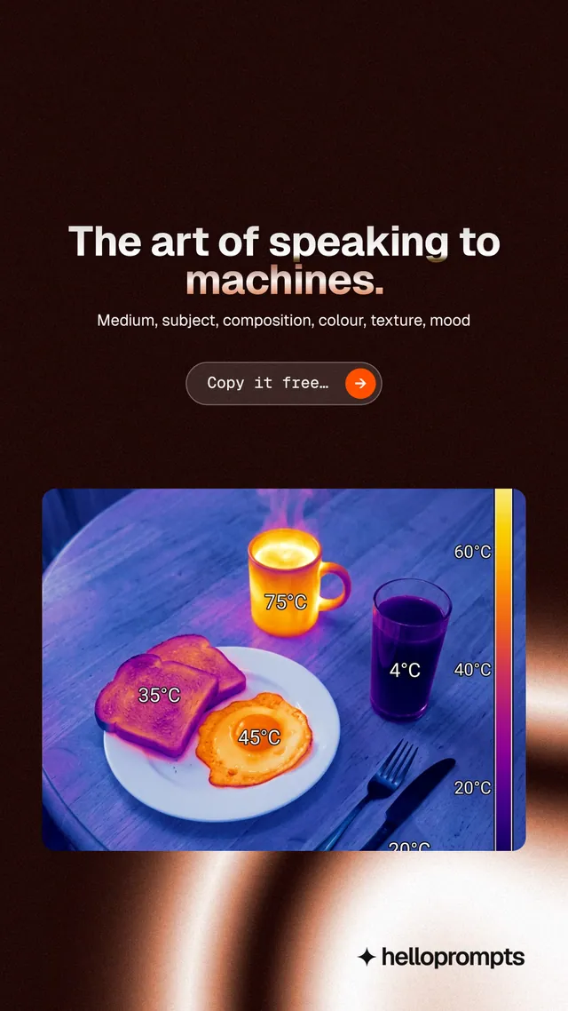 Instagram story for HelloPrompts: "The art of speaking to machines." Agentic glass style, centred layout, dark palette in black, purple, grey.