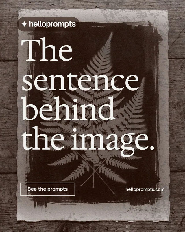 Instagram portrait post for HelloPrompts: "The sentence behind the image." Editorial style, poster layout, dark palette in orange, black, grey.