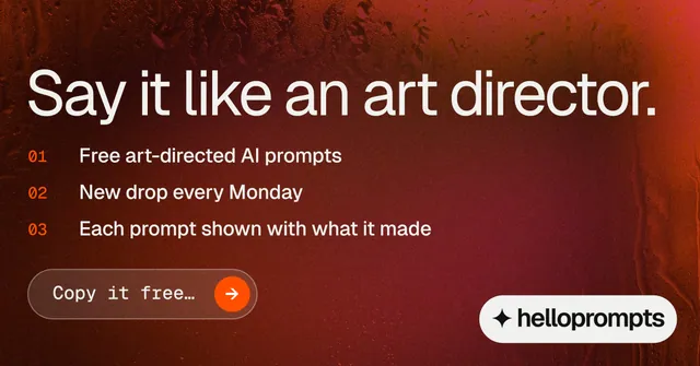 Social ad for HelloPrompts: "Say it like an art director." Agentic glass style, numbered layout, dark palette in red, grey.