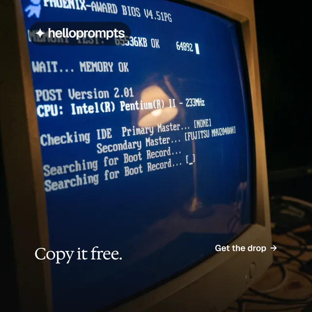 Instagram post for HelloPrompts: "Copy it free." Editorial style, image led layout, dark palette in black, blue, grey.