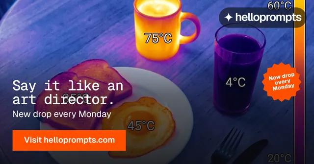 Social ad for HelloPrompts: "Say it like an art director." Swiss style, sticker layout, dark palette in blue, pink, orange.