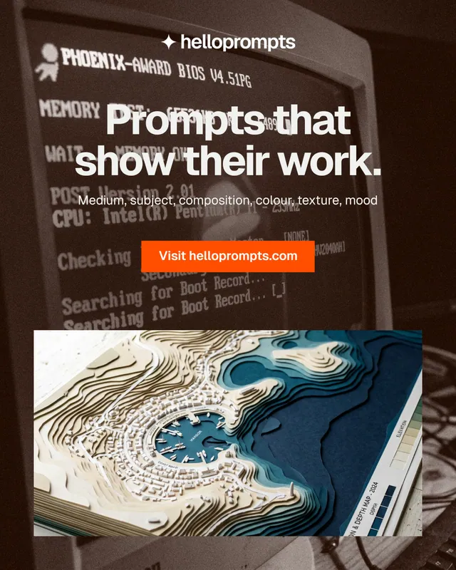 Instagram portrait post for HelloPrompts: "Prompts that show their work." Swiss style, centred layout, dark palette in grey, black, orange.