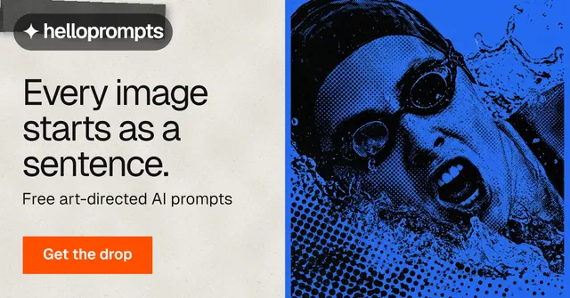Social ad for HelloPrompts: "Every image starts as a sentence." Swiss style, bottom layout, light palette in blue, white.