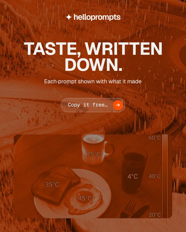 Instagram portrait post for HelloPrompts: "Taste, written down." Agentic glass style, centred layout, dark palette in orange, brown.