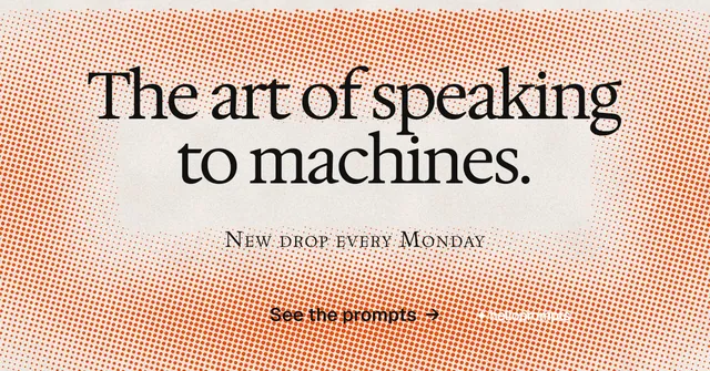 Social ad for HelloPrompts: "The art of speaking to machines." Swiss style, smallcaps layout, light palette in orange.