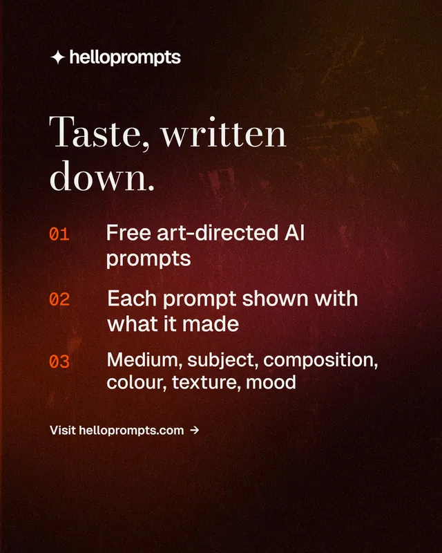 Instagram portrait post for HelloPrompts: "Taste, written down." Minimal luxury style, numbered layout, dark palette in black, red.