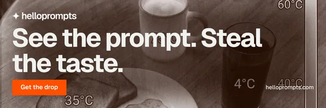 X header for HelloPrompts: "See the prompt. Steal the taste." Swiss style, poster layout, dark palette in orange, grey.