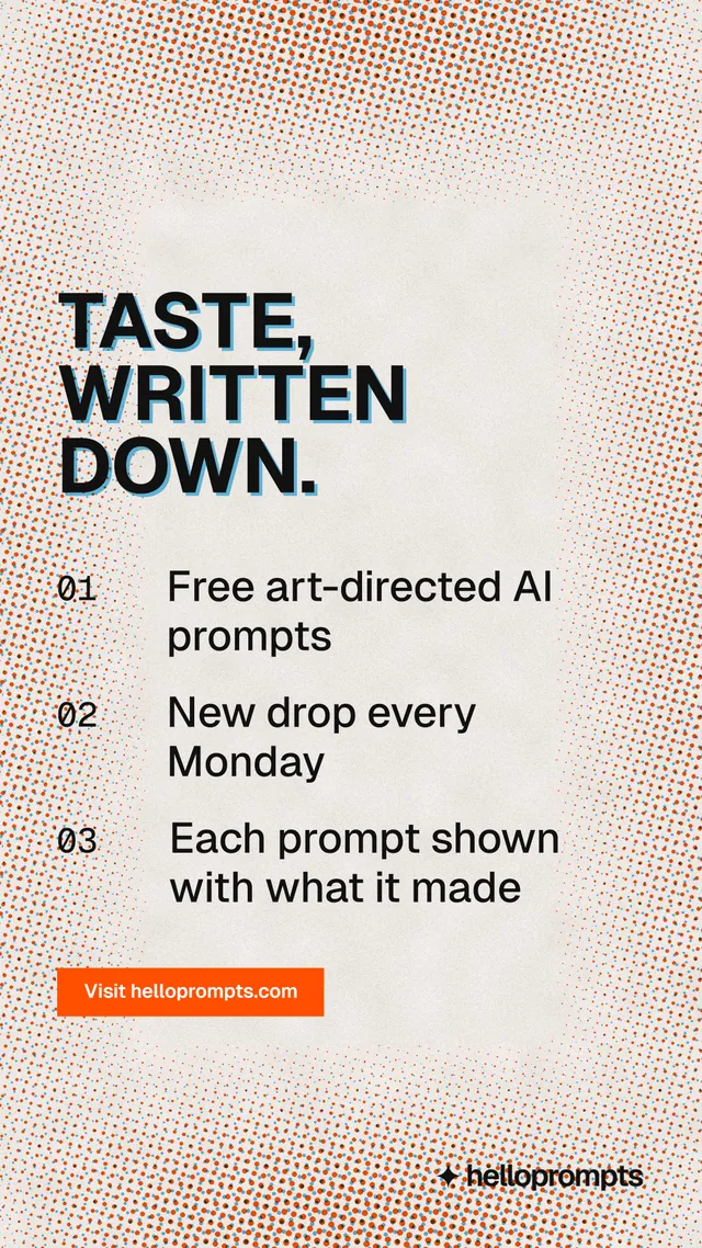 Instagram story for HelloPrompts: "Taste, written down." Retro print style, numbered layout, light palette in orange, grey.