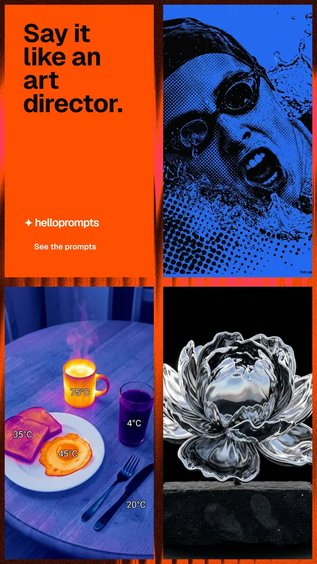 Instagram story for HelloPrompts: "Say it like an art director." Swiss style, collage layout, dark palette in black, red, blue.