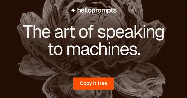 Social ad for HelloPrompts: "The art of speaking to machines." Swiss style, centred layout, dark palette in black, orange, grey.