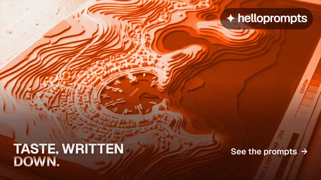 Landscape graphic for HelloPrompts: "Taste, written down." Y2K style, image led layout, dark palette in orange, red.