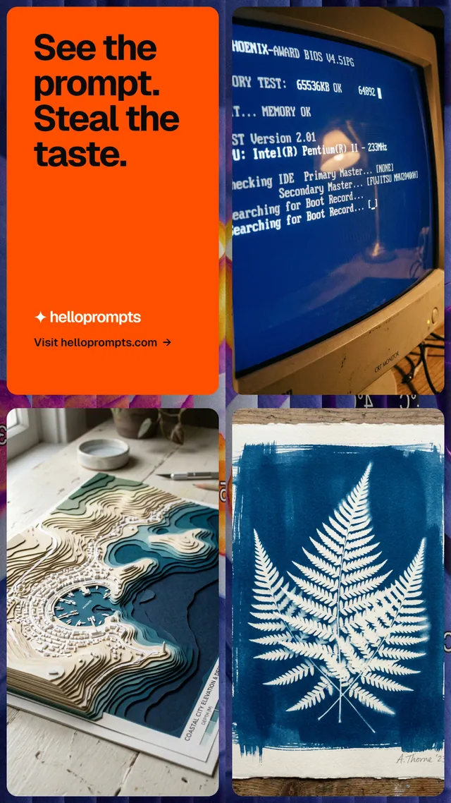 Instagram story for HelloPrompts: "See the prompt. Steal the taste." Agentic glass style, collage layout, dark palette in blue, orange, grey.