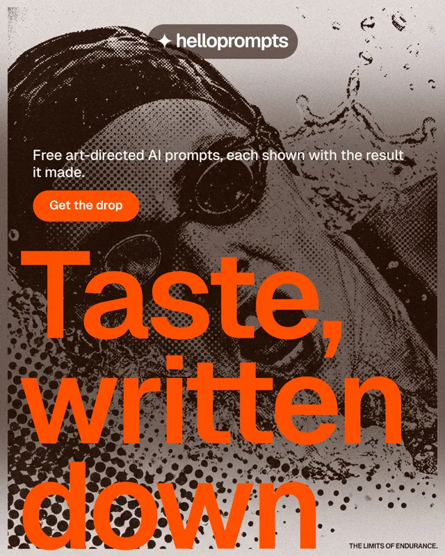 Instagram portrait post for HelloPrompts: "Say it like an art director." Photo poster style, oversized layout, dark palette in orange, brown, grey.