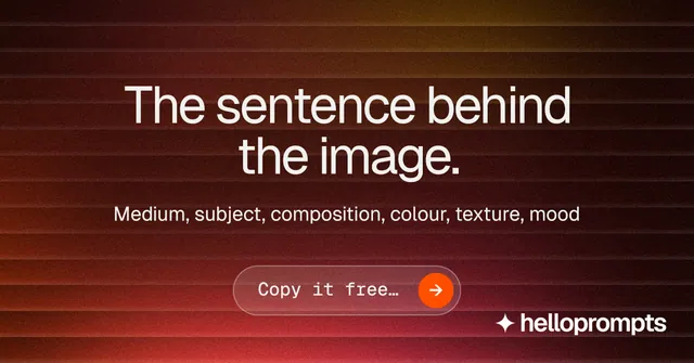 Social ad for HelloPrompts: "The sentence behind the image." Agentic glass style, centred layout, dark palette in red, black.