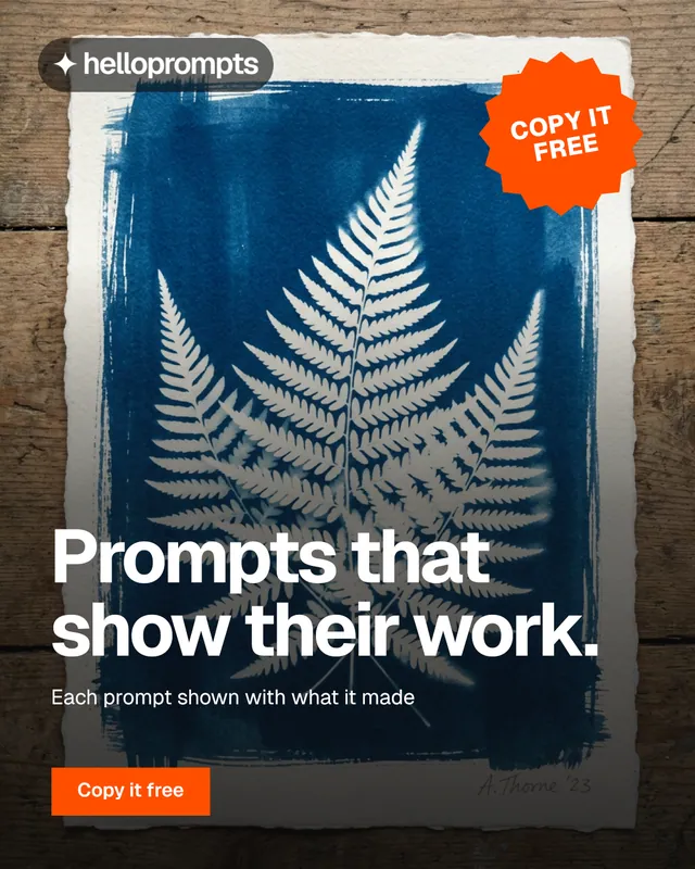 Instagram portrait post for HelloPrompts: "Prompts that show their work." Swiss style, sticker layout, dark palette in blue, black, grey.