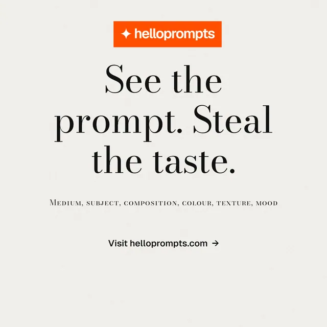 Instagram post for HelloPrompts: "See the prompt. Steal the taste." Minimal luxury style, smallcaps layout, light palette in white, orange.