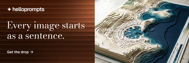 X header for HelloPrompts: "Every image starts as a sentence." Minimal luxury style, bottom layout, dark palette in orange, black, grey.