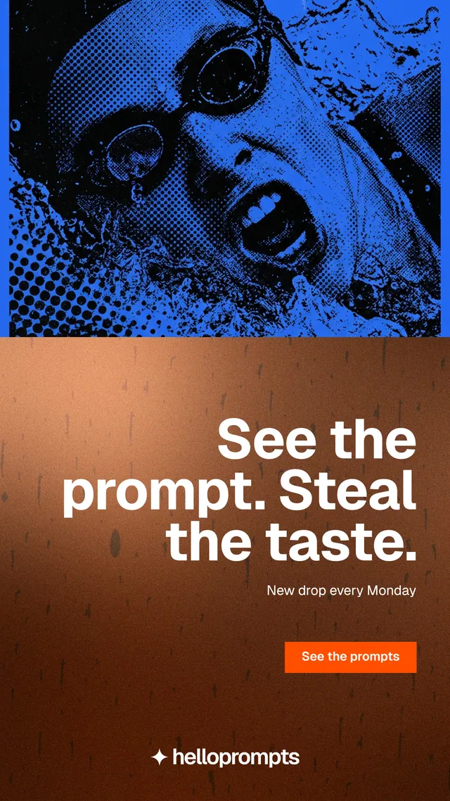Instagram story for HelloPrompts: "See the prompt. Steal the taste." Swiss style, right layout, dark palette in orange, blue, grey.