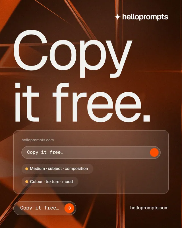 Instagram portrait post for HelloPrompts: "Copy it free." Agentic glass style, poster layout, dark palette in orange, black, grey.