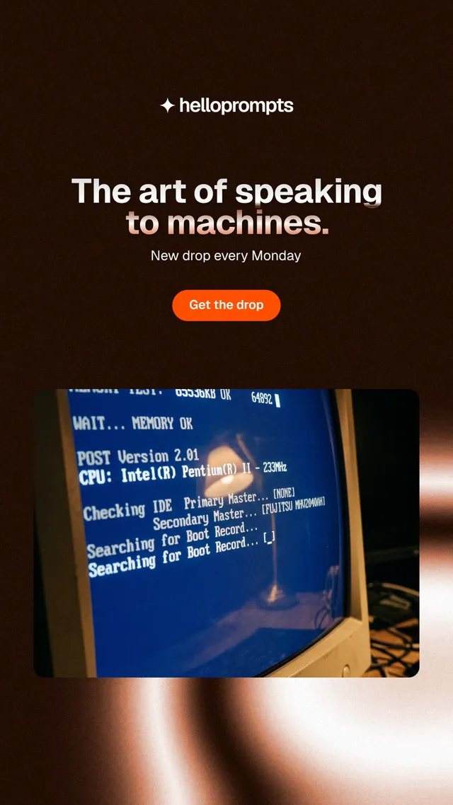 Instagram story for HelloPrompts: "The art of speaking to machines." Y2K style, centred layout, dark palette in black, blue, grey.