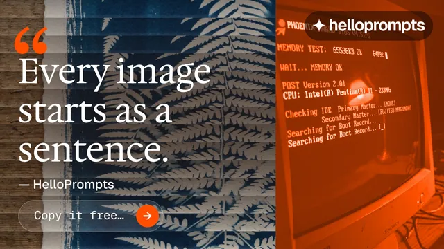 Landscape graphic for HelloPrompts: "Every image starts as a sentence." Agentic glass style, quote layout, dark palette in orange, black, grey.