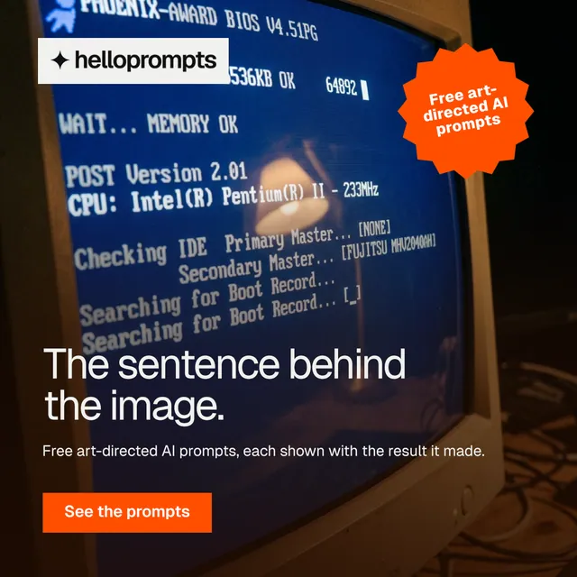 Instagram post for HelloPrompts: "The sentence behind the image." Swiss style, sticker layout, dark palette in black, blue, red.