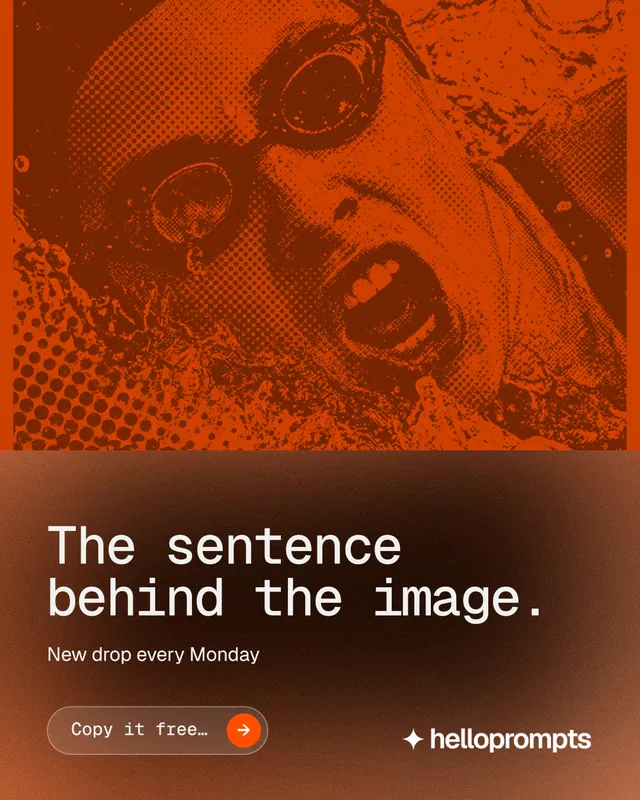 Instagram portrait post for HelloPrompts: "The sentence behind the image." Agentic glass style, bottom layout, dark palette in orange, brown.