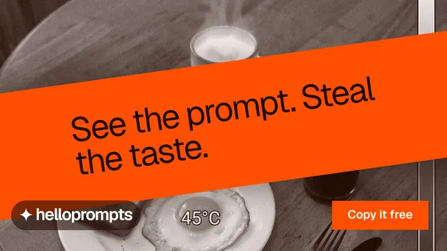 Landscape graphic for HelloPrompts: "See the prompt. Steal the taste." Swiss style, diagonal layout, dark palette in orange, brown, grey.
