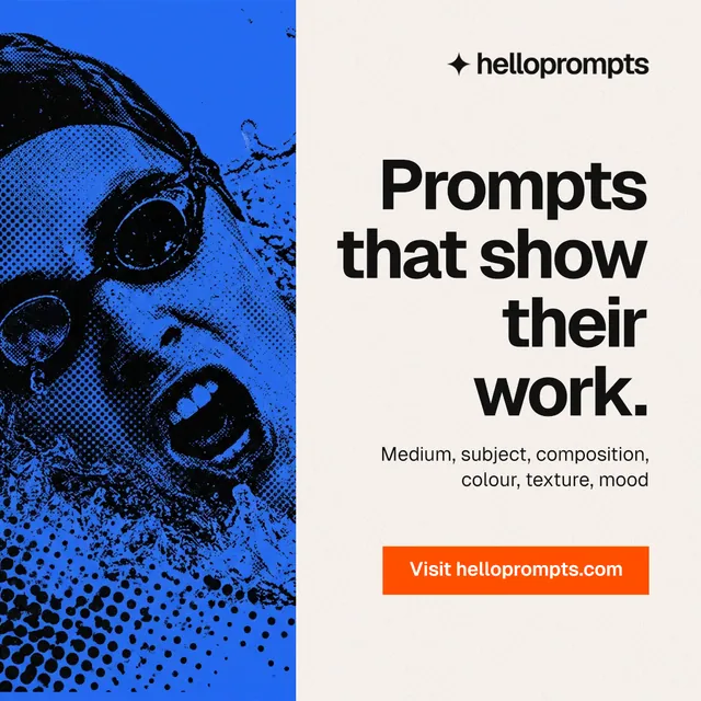 Instagram post for HelloPrompts: "Prompts that show their work." Swiss style, right layout, light palette in white, blue.