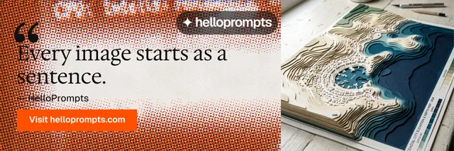 X header for HelloPrompts: "See the prompt. Steal the taste." Swiss style, quote layout, light palette in orange, grey.