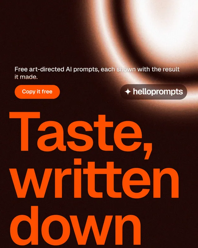 Instagram portrait post for HelloPrompts: "Taste, written down." Y2K style, oversized layout, dark palette in black, orange.