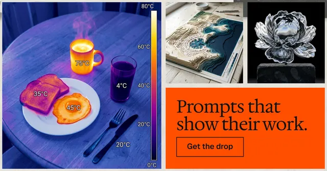 Social ad for HelloPrompts: "Prompts that show their work." Editorial style, collage layout, dark palette in blue, red, grey.
