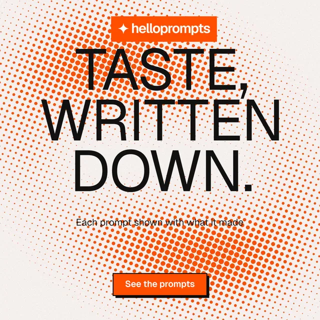 Instagram post for HelloPrompts: "Taste, written down." Brutalist style, centred layout, light palette in orange, brown, white.