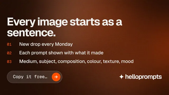 Landscape graphic for HelloPrompts: "Every image starts as a sentence." Agentic glass style, numbered layout, dark palette in orange, black, grey.