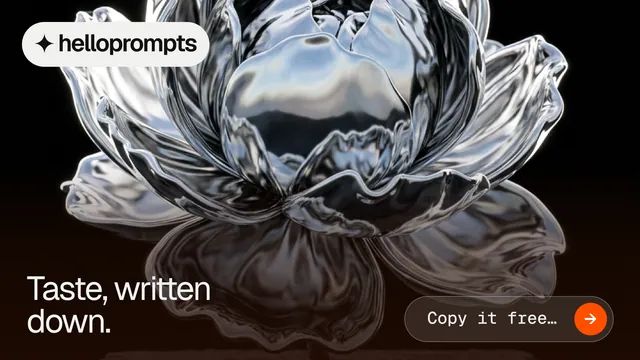 Landscape graphic for HelloPrompts: "Taste, written down." Agentic glass style, image led layout, dark palette in black, orange, grey.