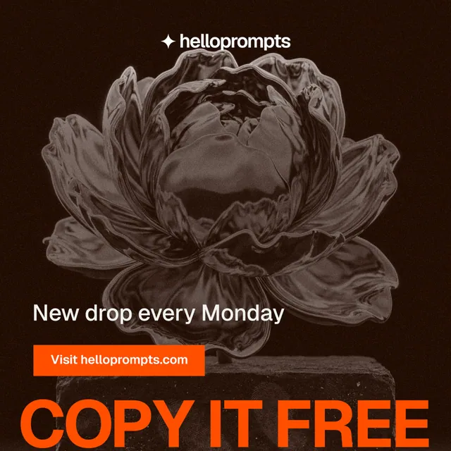 Instagram post for HelloPrompts: "Copy it free." Swiss style, oversized layout, dark palette in orange, black, brown.
