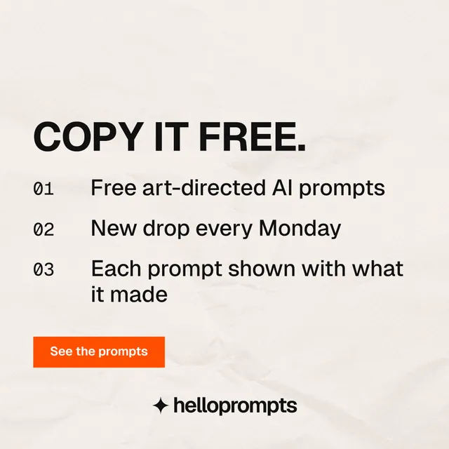 Instagram post for HelloPrompts: "Copy it free." Swiss style, numbered layout, light palette in orange, white.