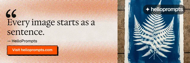 X header for HelloPrompts: "Say it like an art director." Brutalist style, quote layout, light palette in orange, grey.