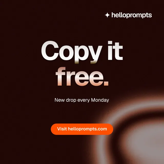 Instagram post for HelloPrompts: "Copy it free." Y2K style, centred layout, dark palette in black, orange.