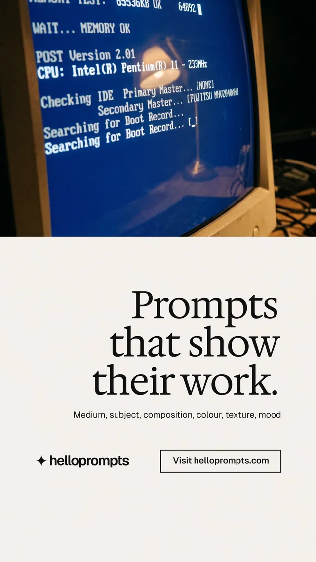 Instagram story for HelloPrompts: "Prompts that show their work." Editorial style, right layout, light palette in white, blue, grey.