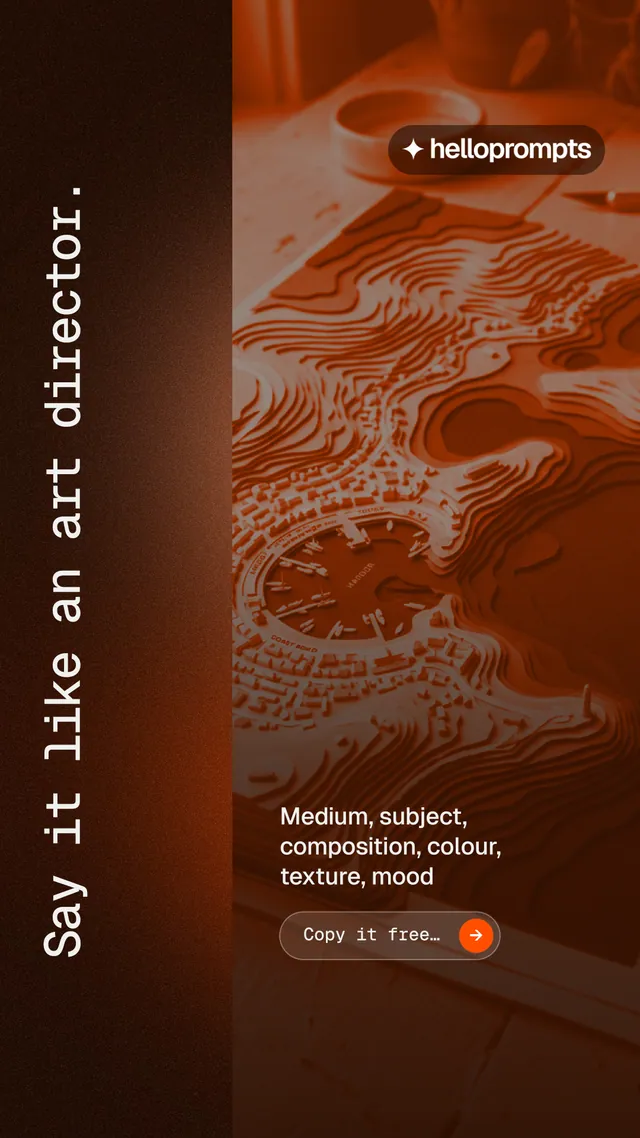 Instagram story for HelloPrompts: "Say it like an art director." Agentic glass style, vertical layout, dark palette in black, orange, brown.