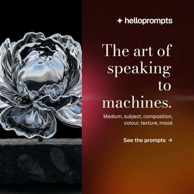 Instagram post for HelloPrompts: "The art of speaking to machines." Minimal luxury style, right layout, dark palette in orange, black, grey.