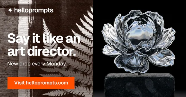 Social ad for HelloPrompts: "Say it like an art director." Swiss style, bottom layout, dark palette in black, orange, grey.