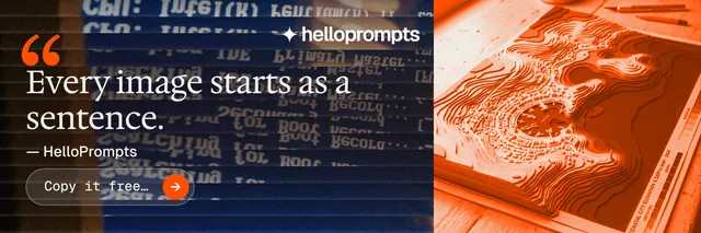 X header for HelloPrompts: "See the prompt. Steal the taste." Agentic glass style, quote layout, dark palette in blue, orange.