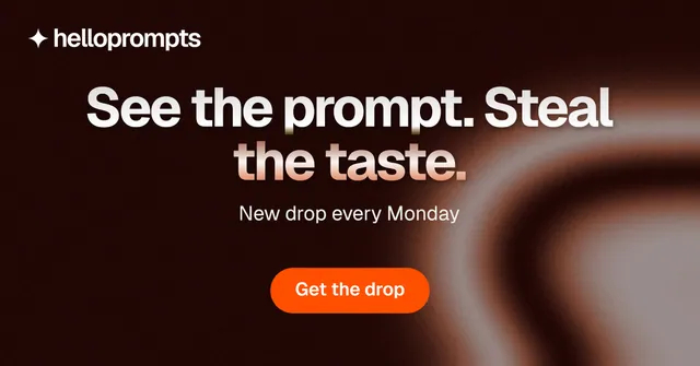Social ad for HelloPrompts: "See the prompt. Steal the taste." Y2K style, centred layout, dark palette in black, orange.
