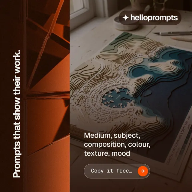 Instagram post for HelloPrompts: "Prompts that show their work." Agentic glass style, vertical layout, dark palette in black, orange, grey.