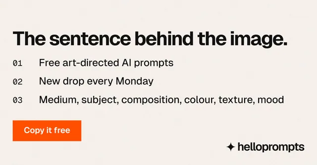 Social ad for HelloPrompts: "The sentence behind the image." Swiss style, numbered layout, light palette in white, orange.