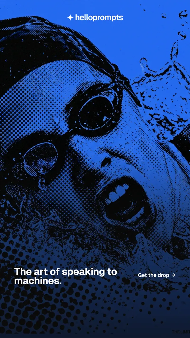 Instagram story for HelloPrompts: "The art of speaking to machines." Swiss style, image led layout, dark palette in blue, black.