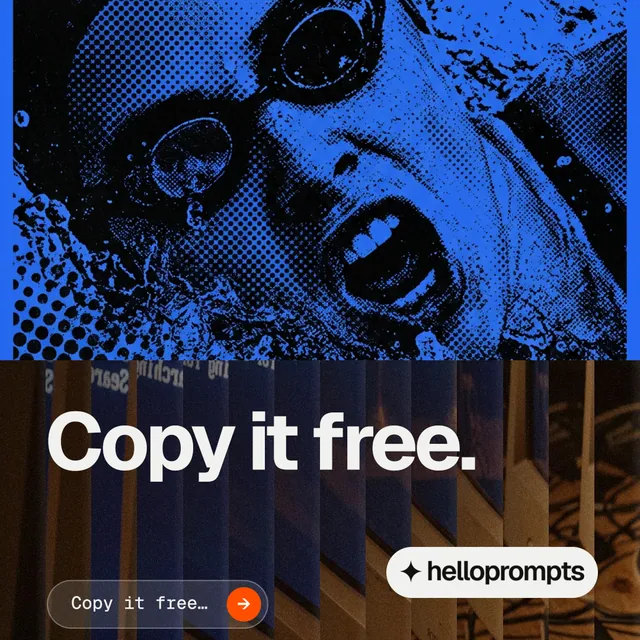 Instagram post for HelloPrompts: "Copy it free." Agentic glass style, bottom layout, dark palette in blue, black.