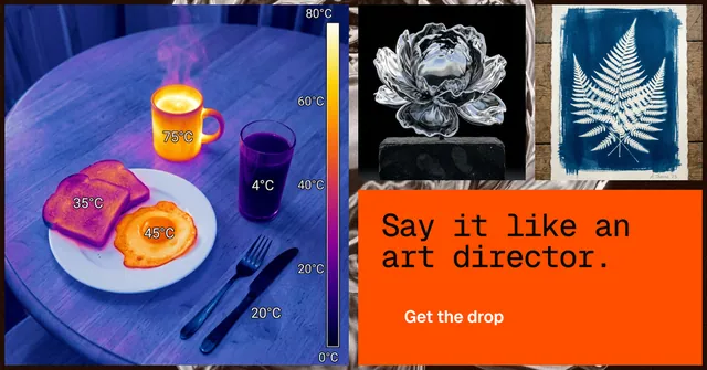 Social ad for HelloPrompts: "Say it like an art director." Swiss style, collage layout, dark palette in blue, red, grey.
